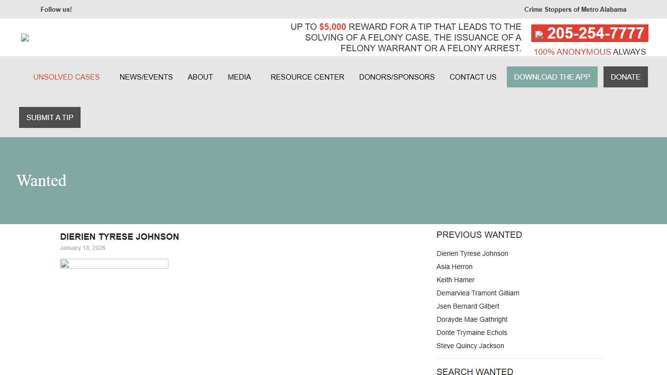 Wanted Criminals – Crime Stoppers of Metro Alabama Anderson