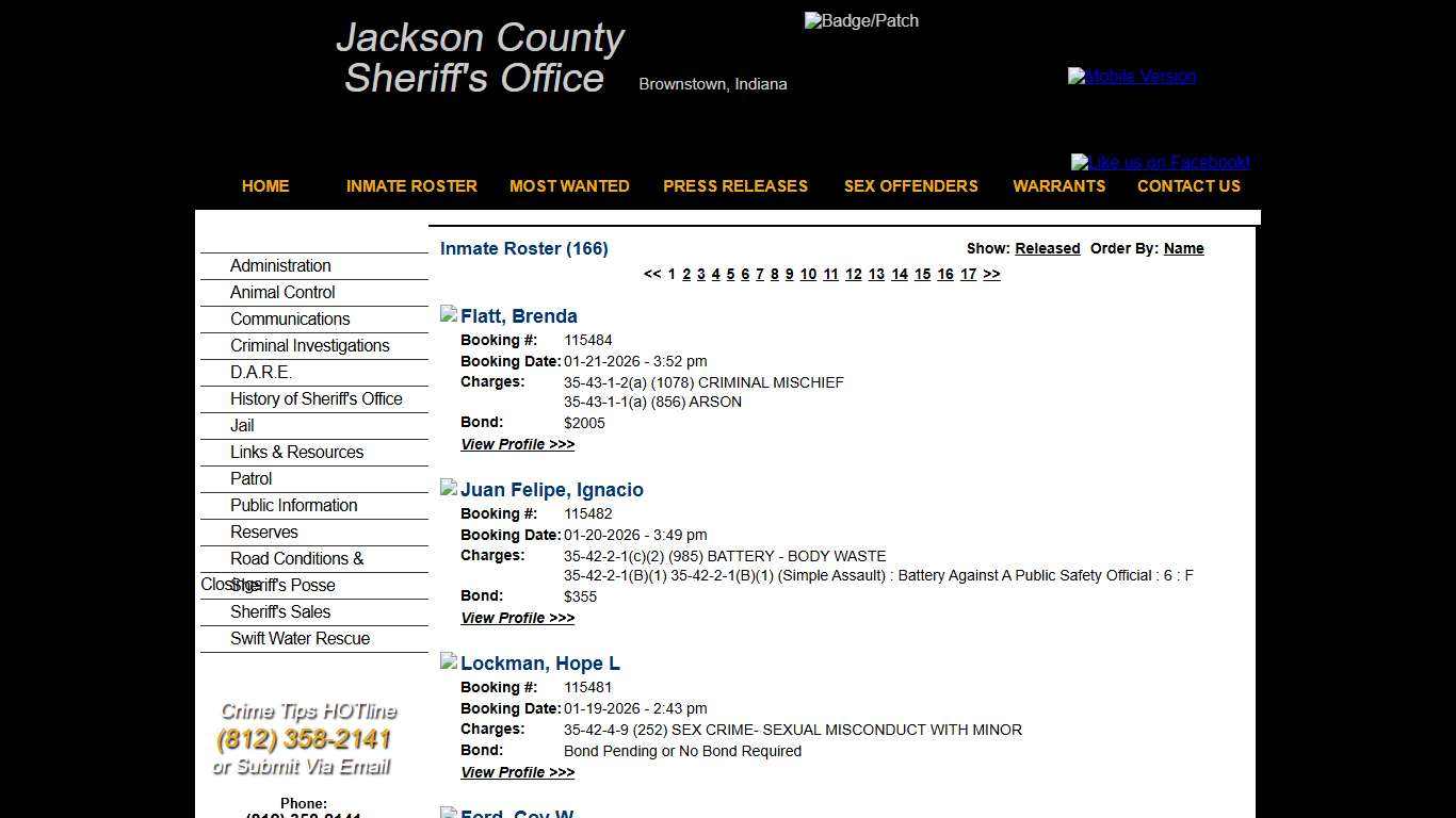 Inmate Roster - Current Inmates Booking Date Descending - Jackson County IN Sheriff